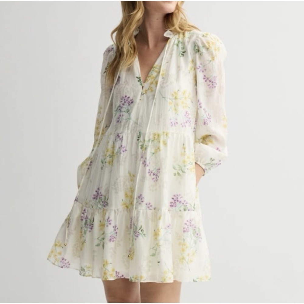 Taylor Floral Dress Ivory Tiered Long Sleeve Sheer Romantic S dreamy feminine